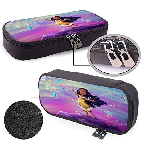 Lsjuee Estuche para lápices de cuero Anime Pocahontas Kid Leaves Estuche para bolígrafos Estuche para papelería Maquillaje cosmético Bolsa con doble cremallera para adultos Niñas Niños Escuela Oficin