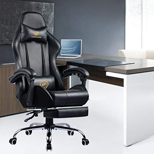 LUCKRACER Silla Gaming Escritorio Cojín Lumbar para Masaje con Reposapiés Oficina Cojín Lumbar para Masaje Giratoria Reposabrazos de Carreras Respaldo Alto de Cuero PU Negro