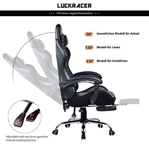 LUCKRACER Silla Gaming Escritorio Cojín Lumbar para Masaje con Reposapiés Oficina Cojín Lumbar para Masaje Giratoria Reposabrazos de Carreras Respaldo Alto de Cuero PU Negro