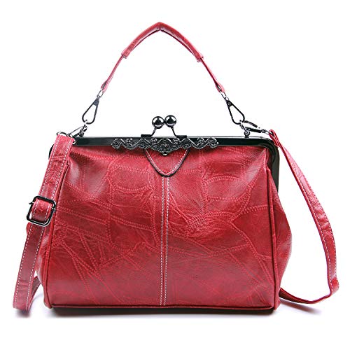 LUI SUI Bolso Retro de Mujer, Monedero de Cuero de PU Bolso de asa Superior Vintage Bolso de Hombro Crossbody Kiss Lock para Damas