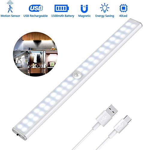 Luz Armario 40 LED, USB Recargable Luces LED Armario con Sensor Movimiento, 3 Modos Lámpara LED de Armario con Tira Magnética, para Armario, Cocina, Escalera, Pasillo y Emergencias