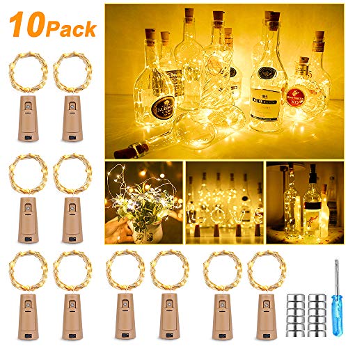 Luz de Botella,Luz Botella Corcho,10 Piezas Luces LED para Botellas de Vino 2.5m 25 LED a Pilas Decorativas Cobre Luz para Romántico Boda, Navidad, Fiesta, Hogar, Exterior, Jardín (Blanco Cálido)