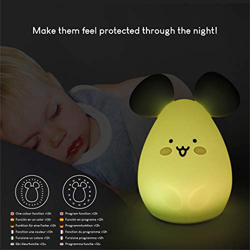 Luz Nocturna Infantil con Control Remoto y Táctil 9 Colores – BONNYCO | Luz Quitamiedos Bebé con Temporizador | Lámpara Infantil Silicona 100% Segura, Regalos para Bebés, Niños y Niñas (Ratoncito)