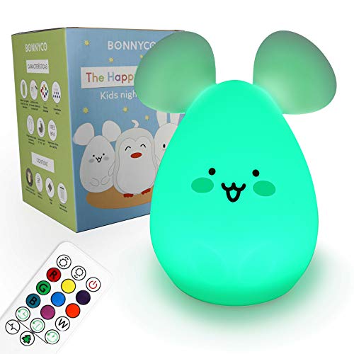 Luz Nocturna Infantil con Control Remoto y Táctil 9 Colores – BONNYCO | Luz Quitamiedos Bebé con Temporizador | Lámpara Infantil Silicona 100% Segura, Regalos para Bebés, Niños y Niñas (Ratoncito)