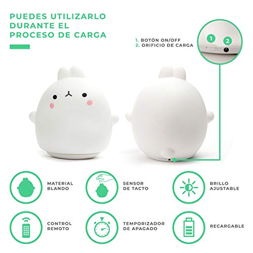 Luz nocturna infantil quitamiedos con forma de animales para mesita | Lámpara de noche LED conejito con colores RGB para habitación de bebé, recargable vía USB | Regalo original para niños.