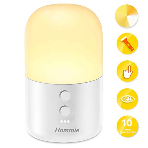 Luz Nocturna Infantil,Hommie 2 EN 1 LED Luz Bebé Nocturna y Linterna, 4 Colores y Brillo Ajustable, Control Táctil,Recargable, Seguro Calidad, Resistente a Rotura, Cuidado Ojos,Lámpara Habitación Bebé