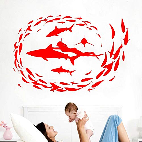 lyclff Peces de Buceo tiburón Marino Vinilo Pegatinas de Pared Sala de Estar Dormitorio decoración del hogar Arte de la Pared calcomanía Rojo 57X38 cm