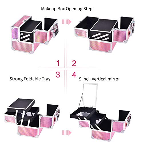 Maletin Maquillaje Profesional con Espejo Neceser Maquillaje Organizador Estuche Maquillaje Joyero Organizador Mujer Maletin de Manicura Maletin Peluqueria Caja Maquillaje Cosméticos de viaje Rosa