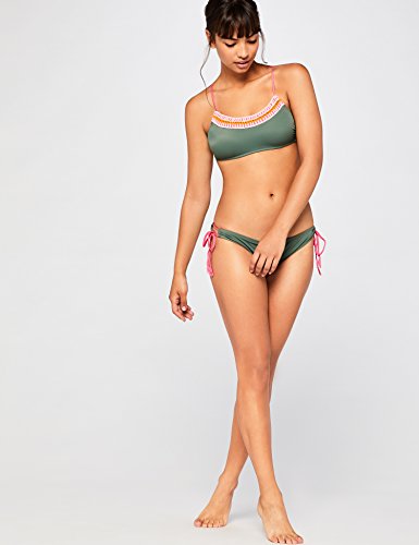 Marca Amazon - IRIS & LILLY Top de Bikini Crochet Mujer, Verde (Olive/Starlet Pink/Fandango Pink), L, Label: L