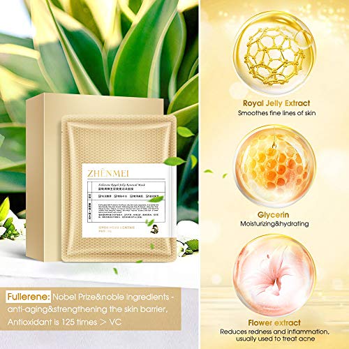 Mascarillas para el cuidado de la piel, hoja de mascarilla facial celular [10 PCS], extracto infundido de fullereno y jalea real, antienvejecimiento, reduce las líneas finas, antiarrugas