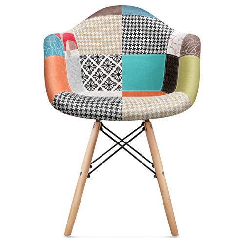 Mc Haus AURA Patchwork - Pack 2 Sillones Comedor estilo Vintage patchwork tower, Butaca con reposabrazos y diseño tapizado con patas de Madera Maciza 54x64x80cm