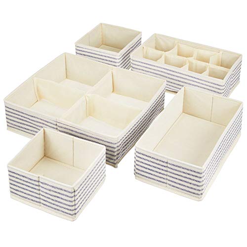 mDesign Juego de 5 cajas organizadoras para armarios – Organizadores para cajones o armarios del cuarto infantil con varios apartados – Cestas de tela multiusos en 4 tamaños – crudo y azul