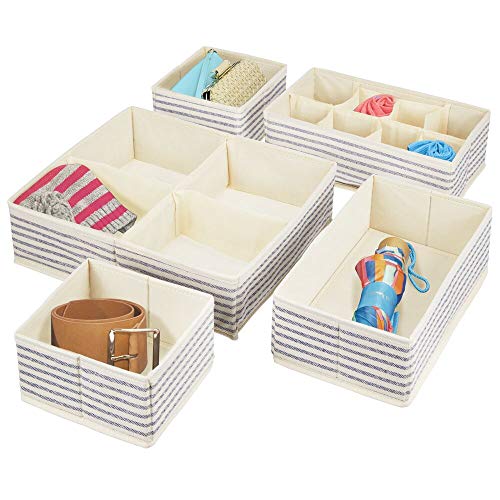 mDesign Juego de 5 cajas organizadoras para armarios – Organizadores para cajones o armarios del cuarto infantil con varios apartados – Cestas de tela multiusos en 4 tamaños – crudo y azul