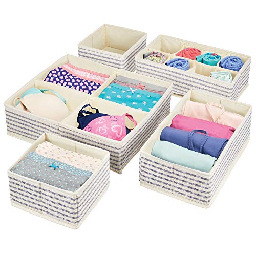 mDesign Juego de 5 cajas organizadoras para armarios – Organizadores para cajones o armarios del cuarto infantil con varios apartados – Cestas de tela multiusos en 4 tamaños – crudo y azul