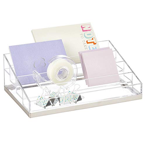 mDesign Organizador de maquillaje – Caja organizadora de maquillaje con 4 compartimentos para labiales, esmaltes, etc. – Organizador de cosméticos para baño o tocador – transparente y plateado mate