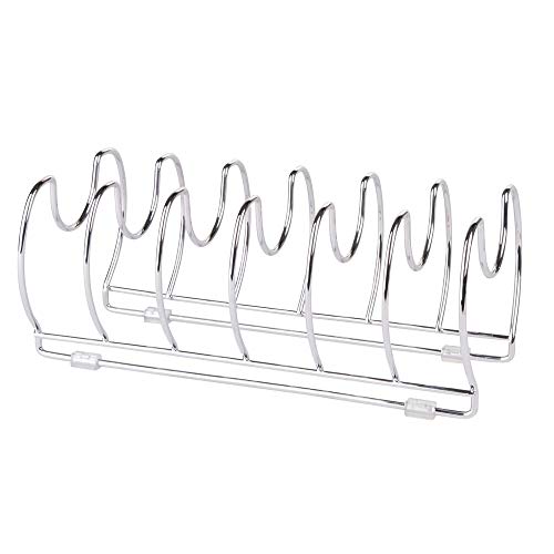 mDesign Organizador de sartenes y tapaderas – Soporte de metal cromado con 6 compartimentos para sartenes y tapas de ollas – Organizador de cajones y armarios de cocina