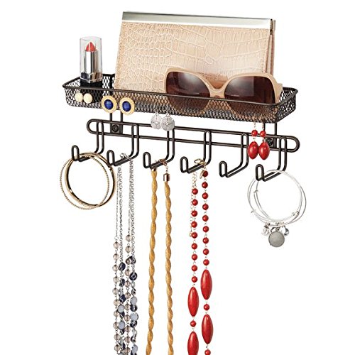 mDesign Práctico organizador de joyas para pared– Con 6 ganchos y 2 compartimentos - Mueble joyero para anillos, gafas, collares, pendientes y demás accesorios – Joyero con ganchos – Color: bronce