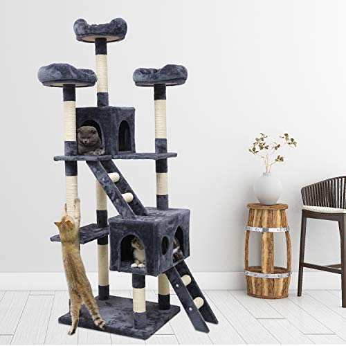 Meerveil Árbol para Gatos, Árbol Rascador para Gatos Pilar de Sisal Superficie de Felpa con Nido de Gato 180cm Gris