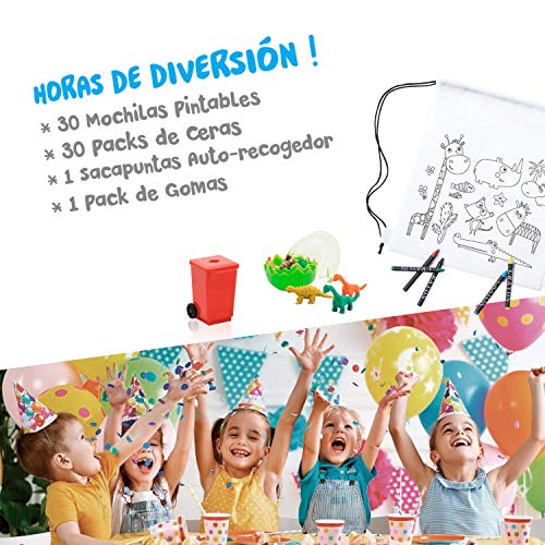 Mega Pack de 30 Mochilas para Pintar con Ceras - Diversión Asegurada - Original Regalo para Cumpleaños, Fiestas Infantiles en el Colegio y Comuniones - Incluye Regalos Extra para Divertido Concurso