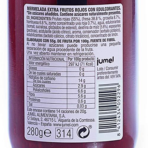 Mermeladas sin azúcar Extra Frutos Rojos Jumel. Mermelada con Stevia. Mermelada gourmet, tu desayuno o merienda más saludable, con todo el sabor. Pack de 4 unidades (1,49 €/u).