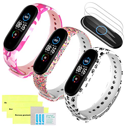 Mi-Case Correa de Silicona Compatible para Xiaomi Mi Band 5 / Mi Band 5 + [3Pack] Protector de Pantalla, Ajustable Banda Repuesto Pulsera Compatible para Xiaomi Mi Band 5-3 Pcs Serie Arcoiris