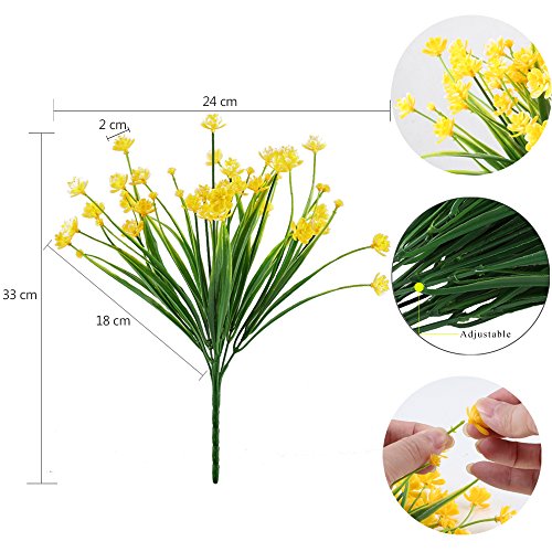 MIHOUNION Flores Falsas Artificiales, 4 pcs Faux narcisos Amarillos Arbustos Verdes Plantas arbustos de plástico Interior Exterior Colgando macetero Cementerio de la Boda decoración jarrones