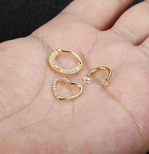 Milacolato Joyas Piercing del Cuerpo de Acero Inoxidable Anillos en la Nariz Daith Cartílago Clicker Hoop Piercings en el Tabique Circonita 3 Piezas