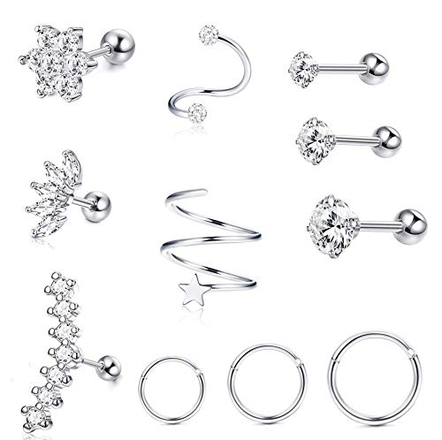 Milacolato Pendientes de Cartílago de Oreja de Acero Inoxidable Aros para Mujeres Niñas Tragus Helix Conch Piercing CZ Barbell Stud 16-18G