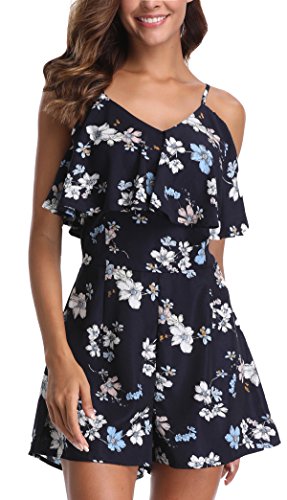 MISS MOLY Mono Corto Mujer Verano Sin Mangas Pantalón Estampado Floral Boho Casual Sexy Jumpsuits Playsuit Elegantes Azul Small