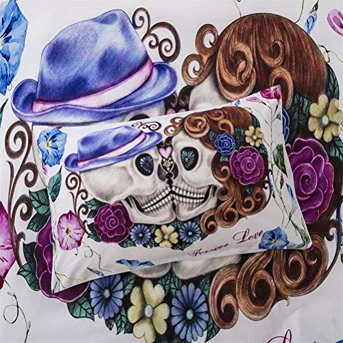 MIUNNG Romantico Flor Calavera Blanco Funda Nórdica Cráneo Pareja Beso 3D Color Digital Impresión Juego de Ropa de Cama Moderno Estilo Hombres Señorita (220 × 240cm- Cama 150cm)