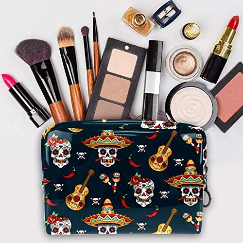 Miwaimao - Bolsa de maquillaje portátil para cosméticos, bolsa de aseo de viaje, impermeable, funda de maquillaje cosmético, 18,5 x 7,6 x 13 cm, patrón de calaveras, calaveras con chile y pimienta