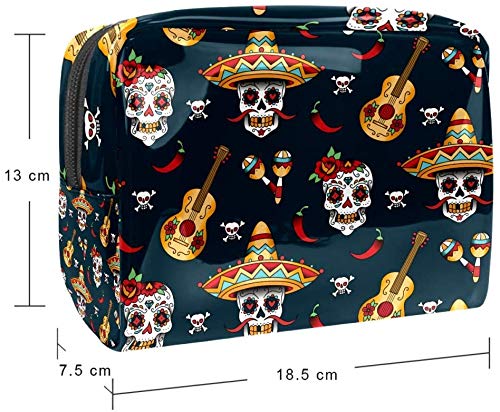 Miwaimao - Bolsa de maquillaje portátil para cosméticos, bolsa de aseo de viaje, impermeable, funda de maquillaje cosmético, 18,5 x 7,6 x 13 cm, patrón de calaveras, calaveras con chile y pimienta