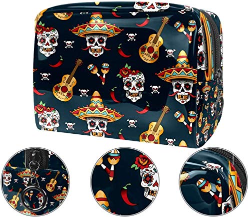 Miwaimao - Bolsa de maquillaje portátil para cosméticos, bolsa de aseo de viaje, impermeable, funda de maquillaje cosmético, 18,5 x 7,6 x 13 cm, patrón de calaveras, calaveras con chile y pimienta