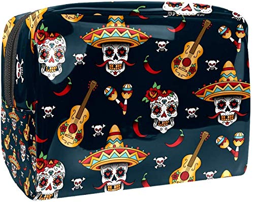 Miwaimao - Bolsa de maquillaje portátil para cosméticos, bolsa de aseo de viaje, impermeable, funda de maquillaje cosmético, 18,5 x 7,6 x 13 cm, patrón de calaveras, calaveras con chile y pimienta