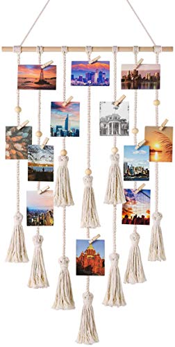 Mkouo Foto Colgante Displays Macramé Cuadro para Colgar en la Pared Organizador con 30 Clips de Madera Boho Decor for Home, Living Room, Bedroom, Ivory White, 108cm (L) × 43cm (W)