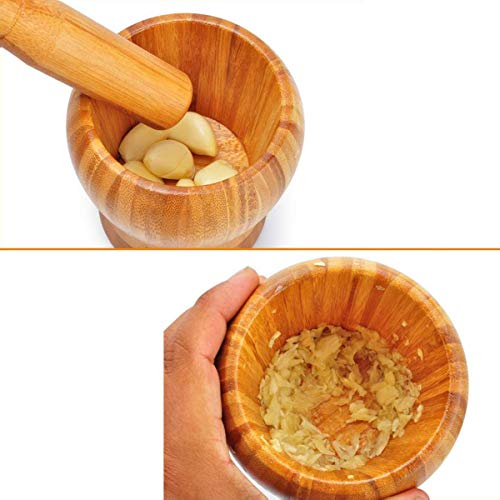 MLL Molinillo de Hierbas y Especias Juego de mortero y mortero liviano Natural de Madera de bambú Premium para moler Especias, Hierbas, Alimentos y ajo