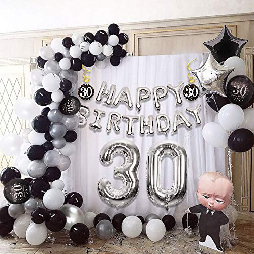 MMTX 30 Decoración Fiesta cumpleaños, Feliz cumpleaños Decoracion Globos Negro Plateado con Happy Birthday Banner, impresión látex Globos de Papel de corazón de Estrella para Niño Hombres Niña Mujer