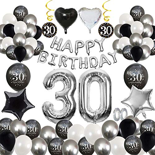 MMTX 30 Decoración Fiesta cumpleaños, Feliz cumpleaños Decoracion Globos Negro Plateado con Happy Birthday Banner, impresión látex Globos de Papel de corazón de Estrella para Niño Hombres Niña Mujer