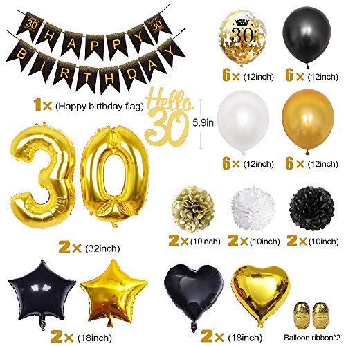 MMTX 30 Globos Cumpleaños Decoracione Oro Negro, Happy Birthday cumpleaños, Pompones de Papel, Globos de Papel de Oro para Hombres y Mujeres Adultos Decoración de Fiesta