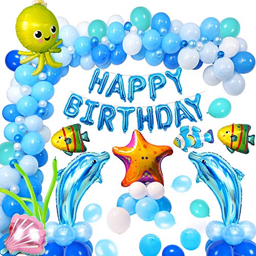 MMTX Globos de Fiesta Decoración Fiesta de cumpleaños del Tema mar Delfín Cáscara Estrella de mar Pulpo Pez Globo de Aluminio de Animales Marinos Birthday Bandera Globos Azules y Blancos