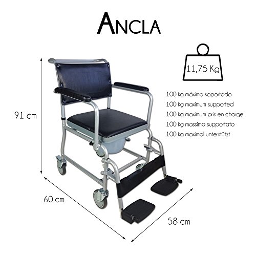 Mobiclinic, Ancla, Silla de WC con ruedas, Silla de inodoro para minusválidos, discapacitados, ancianos, Plegable, Reposabrazos, Asiento ergonómico, Conteras antideslizantes, Gris