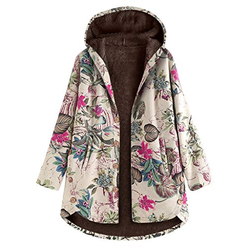 MOMOXI Mujer Vintage Hojas Floral Impreso Bolsillos Botón Abrigos con Capucha Outwear_Floral Bolsillos con Capucha de Impresión Caliente Sudadera