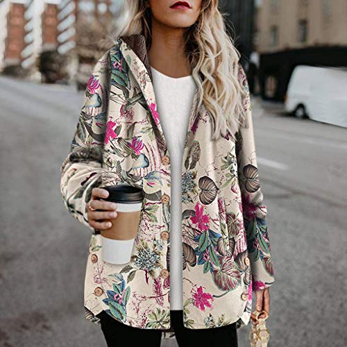 MOMOXI Mujer Vintage Hojas Floral Impreso Bolsillos Botón Abrigos con Capucha Outwear_Floral Bolsillos con Capucha de Impresión Caliente Sudadera