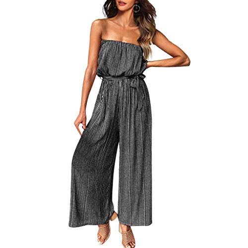 Mono Largo Mujer Fiesta Elegante Tallas Grandes Niña Verano Otoño Jumpsuit Ocio Rompers Bohemia ZOELOVE Pantalones de Pierna Ancha a Rayas Sexy con Top de Tubo Mono de Cintura Alta/Negro,XL