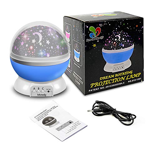 Moredig Proyector Estrellas, 360° Rotación Romántica Luz Estrellas y 8 Modos, Regalo para Niños y Bebés Cumpleaños, Día de los Reyes, Navidad, Halloween etc (Azul)