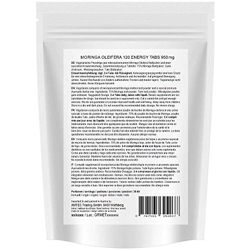 Moringa Energia Tabs 950mg o Moringa cápsulas 600mg - Oleifera, vegetariano, Producto de calidad de MoriVeda (360 tabs)