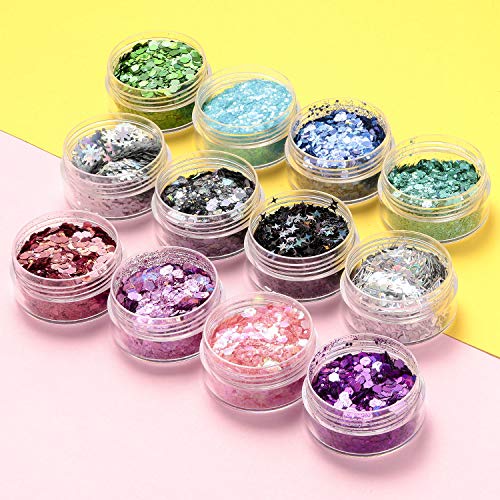 MOSUO Purpurina Cara Maquillaje, 12 Pcs Chunky Glitter Paillette Polvo para Uñas Rostro Cuerpo Pelo Ojos Arte Mejilla Manualidades Brillante Decoración Festival Fiesta