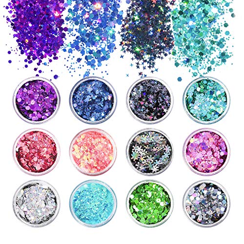 MOSUO Purpurina Cara Maquillaje, 12 Pcs Chunky Glitter Paillette Polvo para Uñas Rostro Cuerpo Pelo Ojos Arte Mejilla Manualidades Brillante Decoración Festival Fiesta