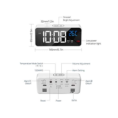 MOSUO Reloj Despertador Digital, LED Despertadores Electrónicos Espejo con Temperatura y 2 Alarma, Snooze, Sonido y Brillos Regulable, Carga USB para Dormitorio, Oficina, Blanco