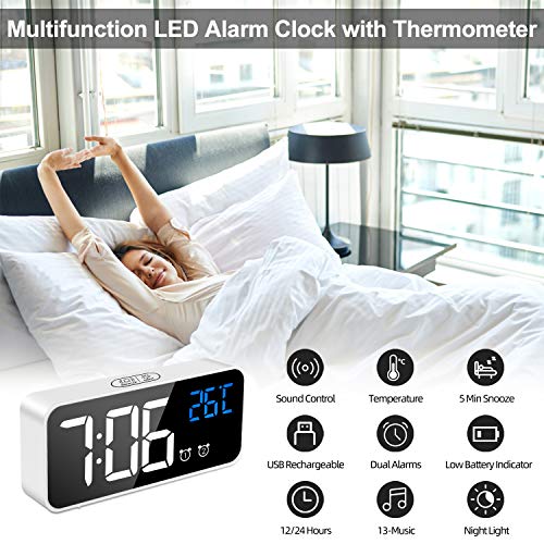 MOSUO Reloj Despertador Digital, LED Despertadores Electrónicos Espejo con Temperatura y 2 Alarma, Snooze, Sonido y Brillos Regulable, Carga USB para Dormitorio, Oficina, Blanco